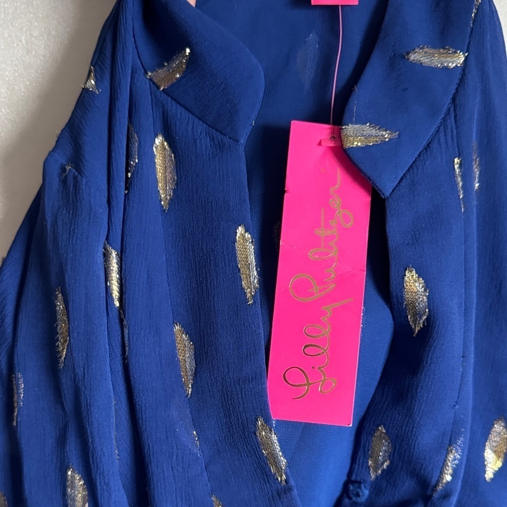 Lilly Pulitzer Royal Blue Blouse with Gold Leaf Pattern - Picture 10 of 16